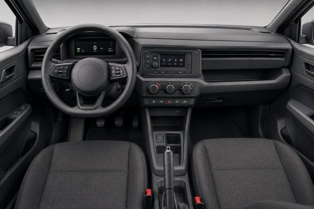 Cockpit mit Drehreglern für die Klimaanlage, physischen Tastern und Handbremshebel