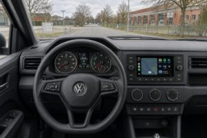 Cockpit bei Tageslicht mit Blick über das Lenkrad auf die Straße