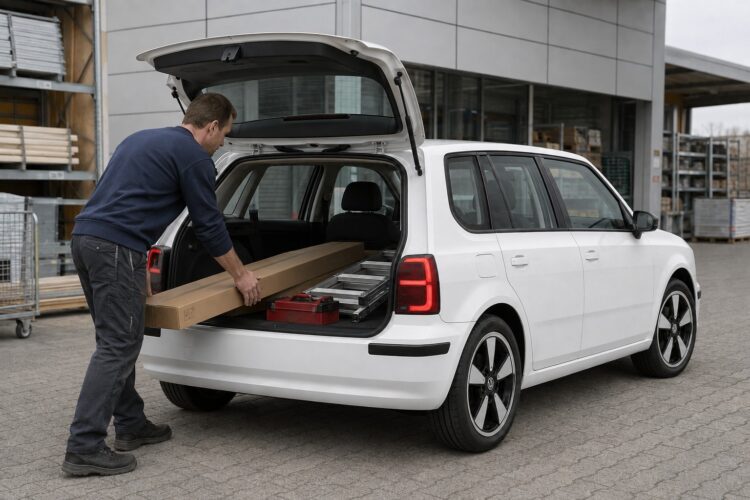 Handwerker schiebt Holzplatten und einen Werkzeugkoffer in den geöffneten Laderaum